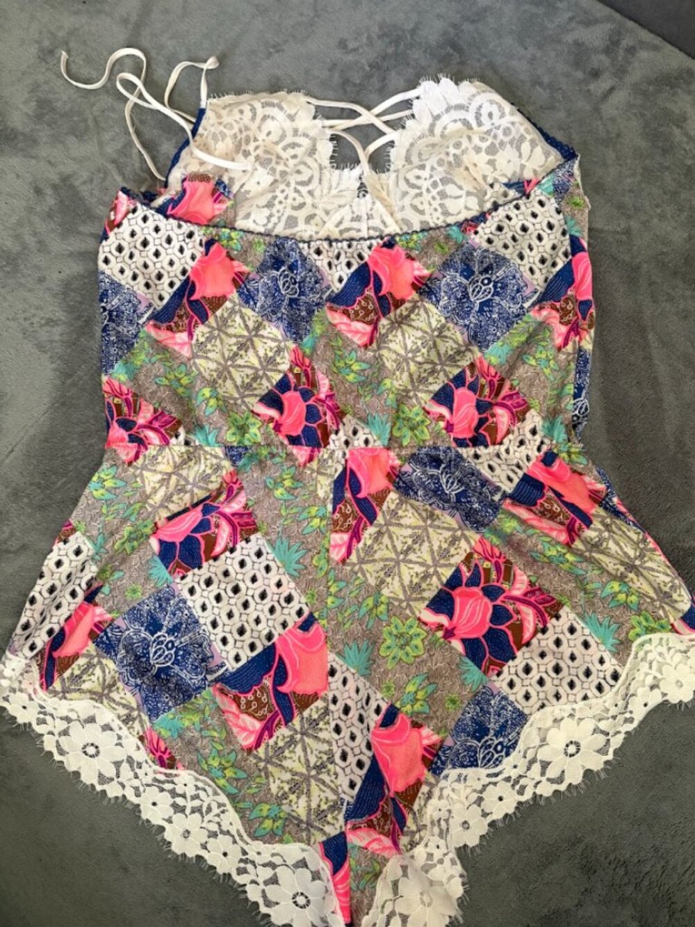 NWT Victoria's Secret Patchwork Lace Halter Teddy Romper (M) - Picture 4 of 7
